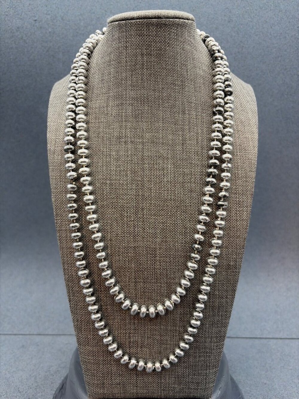 Long Beaded Necklace 48 Inches Silver As Is Ovoid Shape Retro Glam Costume Prop